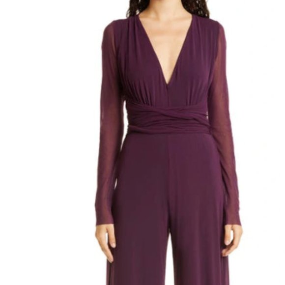 FUZZI TUTA WIDE LEG LONG SLEEVE MESH JUMPSUIT IN MOMMOLA COLOR sz S